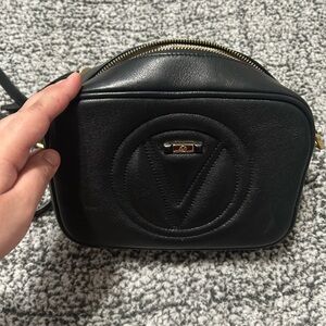 Mario Valentino Black Crossbody Leather Bag with Gold Accents Made In Italy